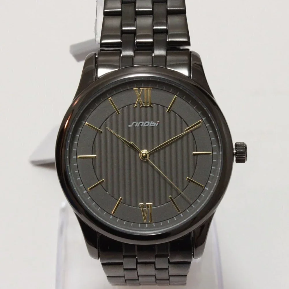 Ladies Classic Quartz Watch Black Textured Dial Gold Tone Indices Roman Numerals